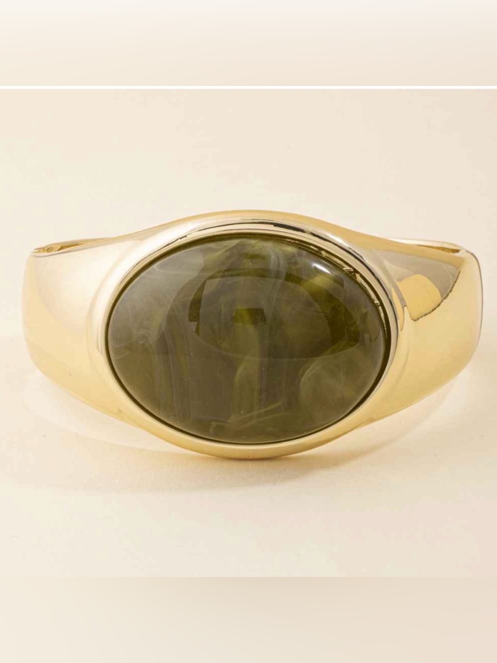 A483. Cuff Bracelet  with Oval Olive Green Stone